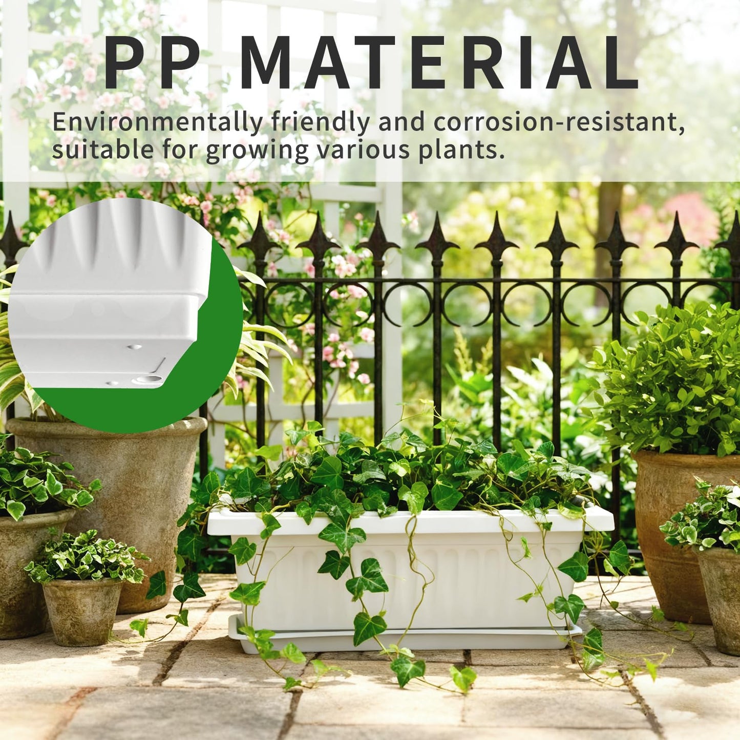 OUMUHE 19 Inch Rectangular Plastic Planters with Drainage and Matching Trays, Set of 2, Window Box Flower Pots for Indoor Outdoor Use (White)
