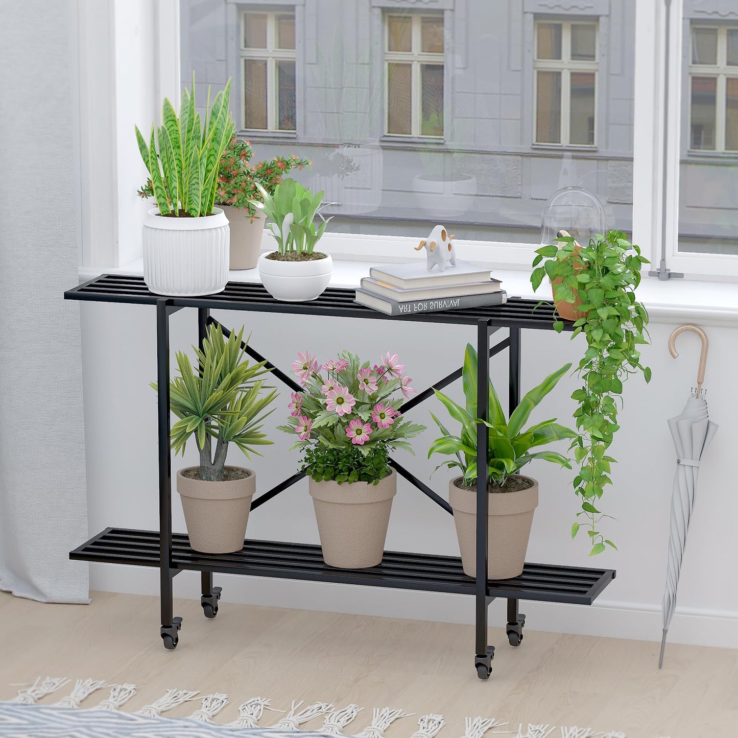 Zhongma 2 Tier Window Height Metal Sturdy Narrow Plant Stand with Wheels, Plant Stand Indoor and Outdoor, L45.67 x W10.3 x H29.9 inch, 440 LBS Capacity & Heavy Duty Construction.