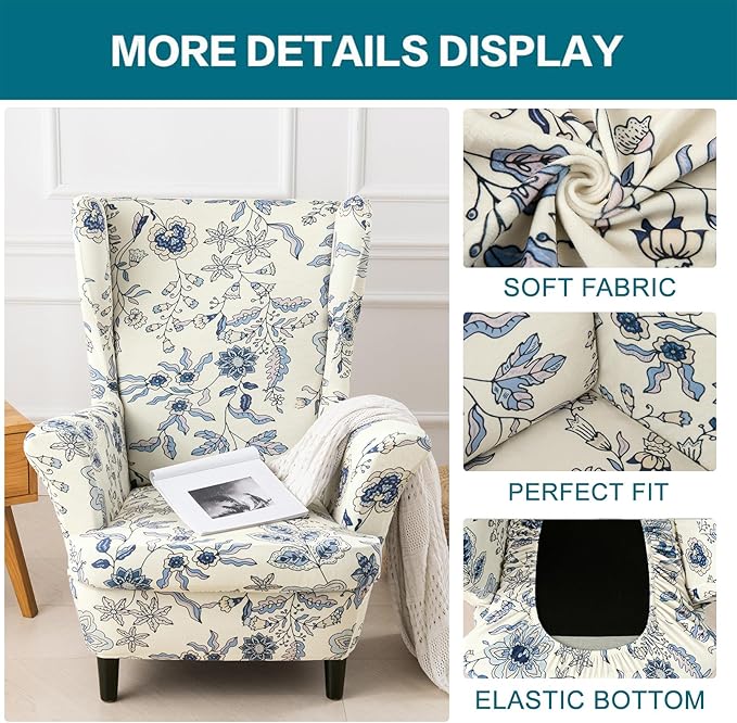 KRFOONN Velvet Wing Chair Slipcovers 2 Piece Stretch Printed Wingback Chair