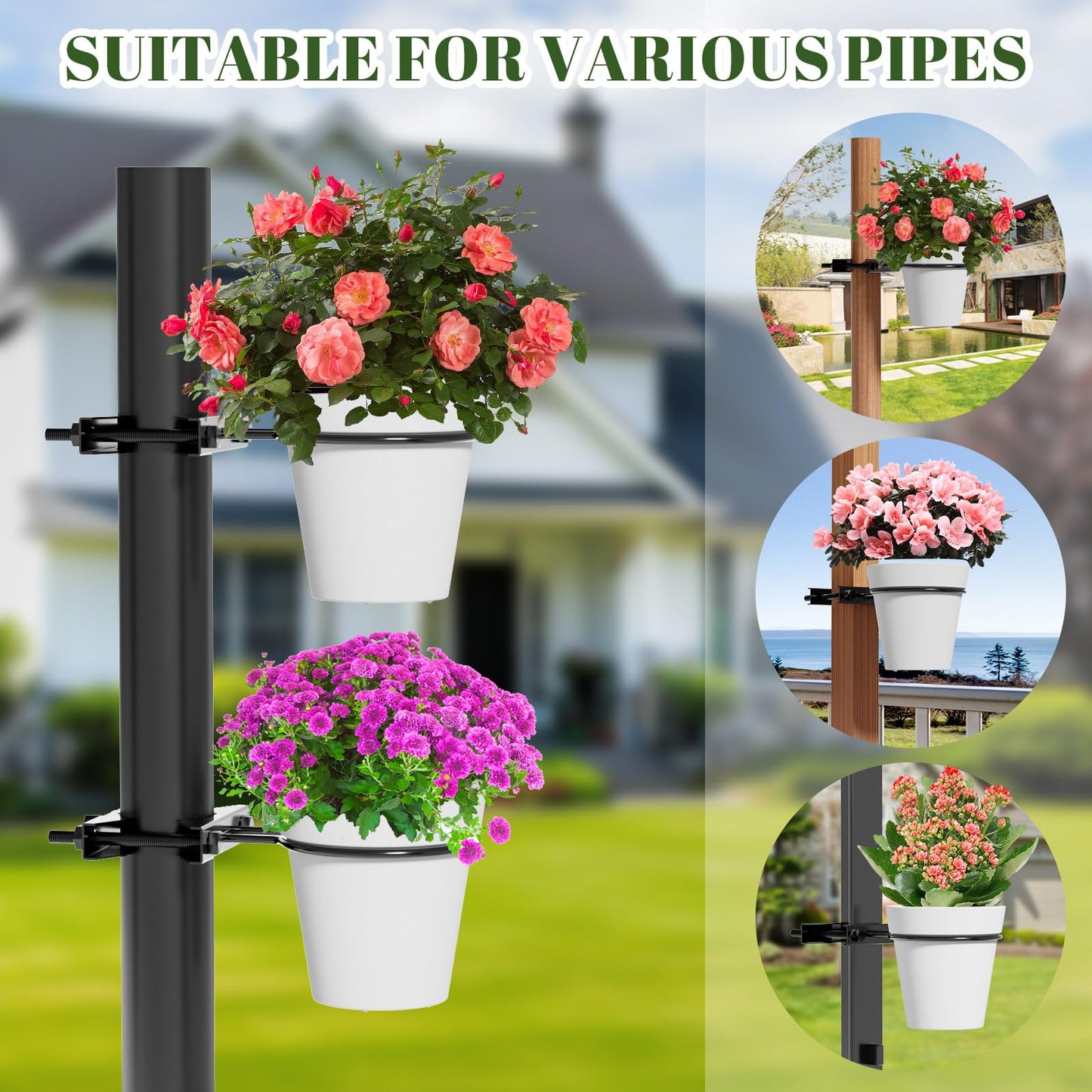Xbpeuy Hanging Flower Pots Holder, 2 Set Deck Railing Plant Container Holder with Pot, Pipe Clip Fence Planters Tray for Indoor & Outdoor Fence Balcony Patio Porch Railing