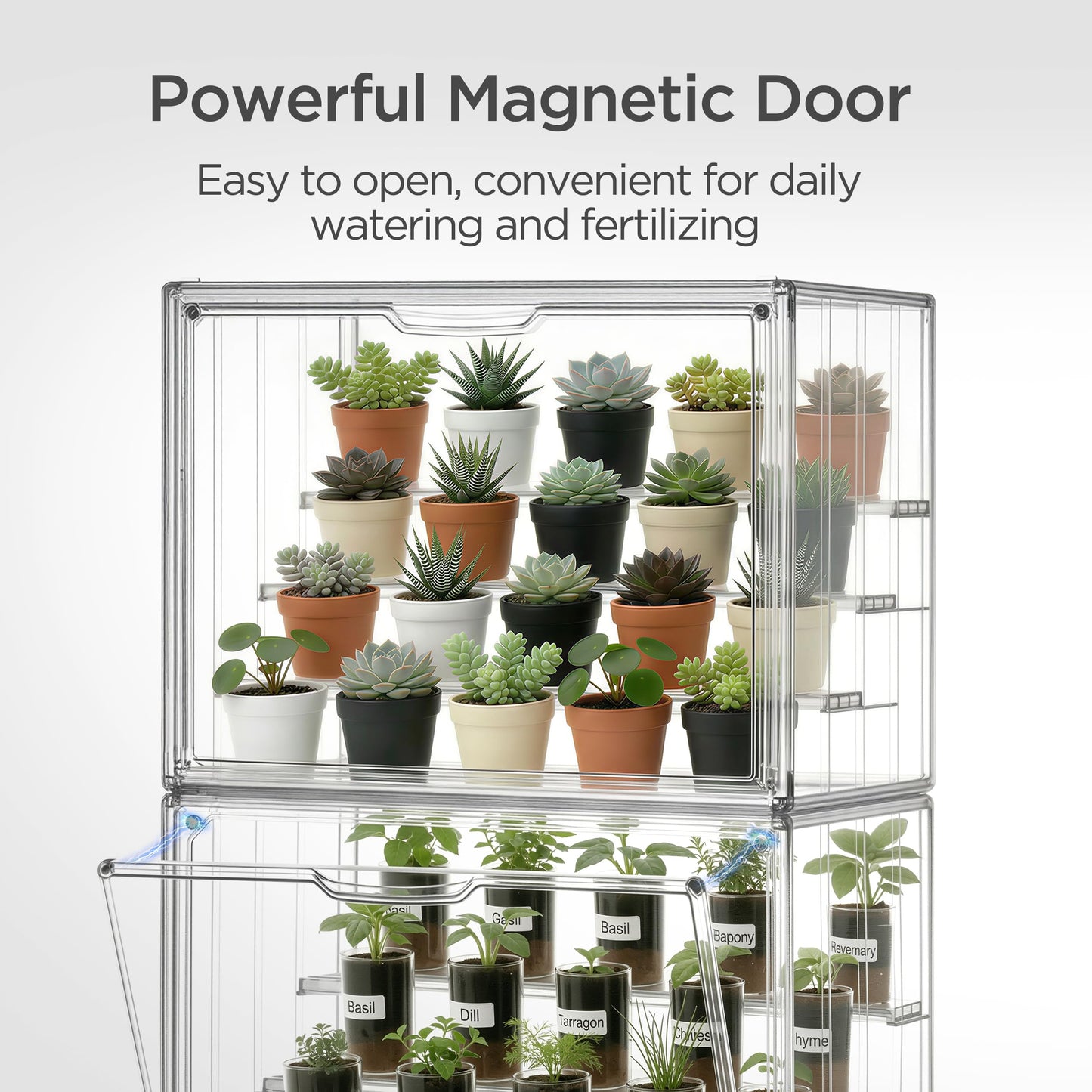 HBlife Mini Greenhouse for Indoor, Clear Stackable Green House with Magnetic Door & Adjustable Drainage Dividers, Tabletop Portable Greenhouse for Small Plants Nursery Germination and Display, 1 Pack