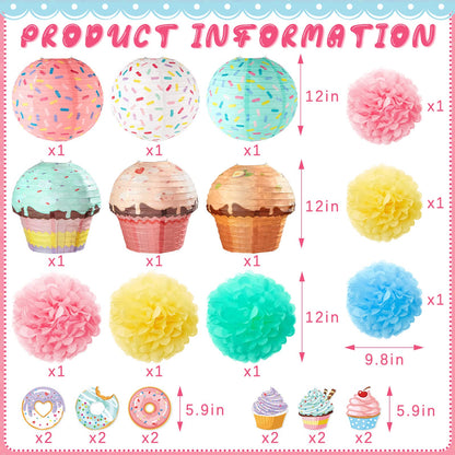 Hortsun 36 Pcs Donut Cupcake Party Hanging Paper Lanterns Two Sweet Birthday Supplies Hanging Swirls Paper Flowers Pom Poms Party Decor for Birthday Baby Shower Candy Supplies