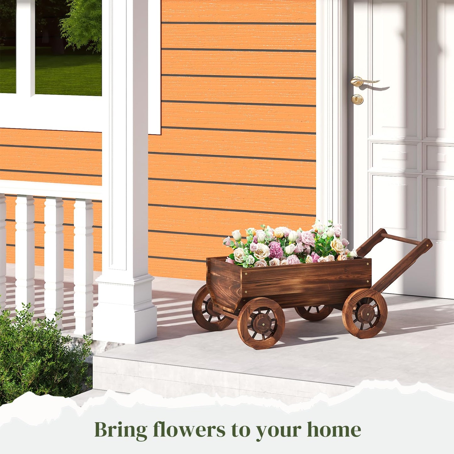 PULIJIAJU Wooden Wagon Garden Planter Cart with Wheels Rustic Flower Pot – Indoor Outdoor Patio Backyard Balcony Decor for Succulents, Flowers and Plants（Carbonized-L