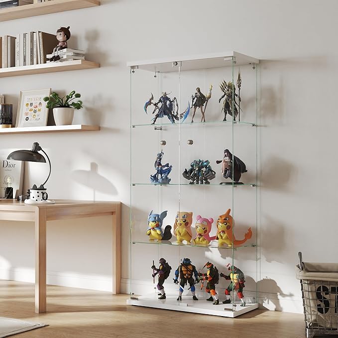 Display Cabinet with Glass Door and Lock, 4-Shelf Curio Cabinets with 5mm