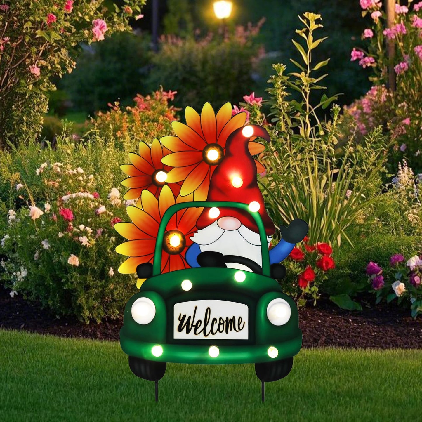 WONDER GARDEN Sunflower Yard Sign Decoration, 22.4" Metal Gnome Truck with LED Lighted, Outdoor Summer Garden Welcome Sign Stake, Outdoor Spring Truck Yard Decoration, Gift for Mom