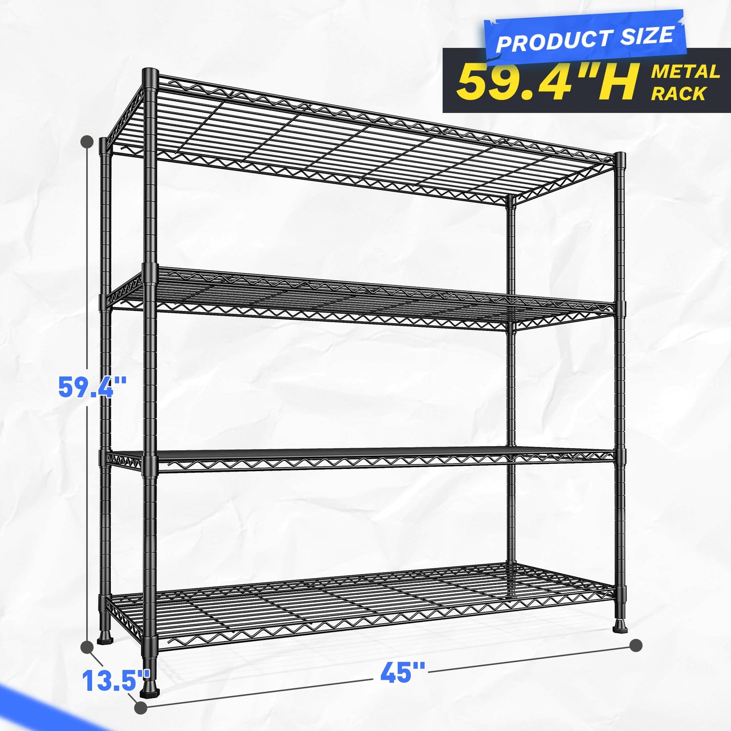45 "W Metal Shelving Unit 4 Tier Storage Shelves Adjustable Wire Shelving Metal Shelf Pantry Shelves Wire Rack Commercial Shelving for Kitchen Pantry Utility Room Garage 45 "W x 59.4 "Hx 13.5" D Black