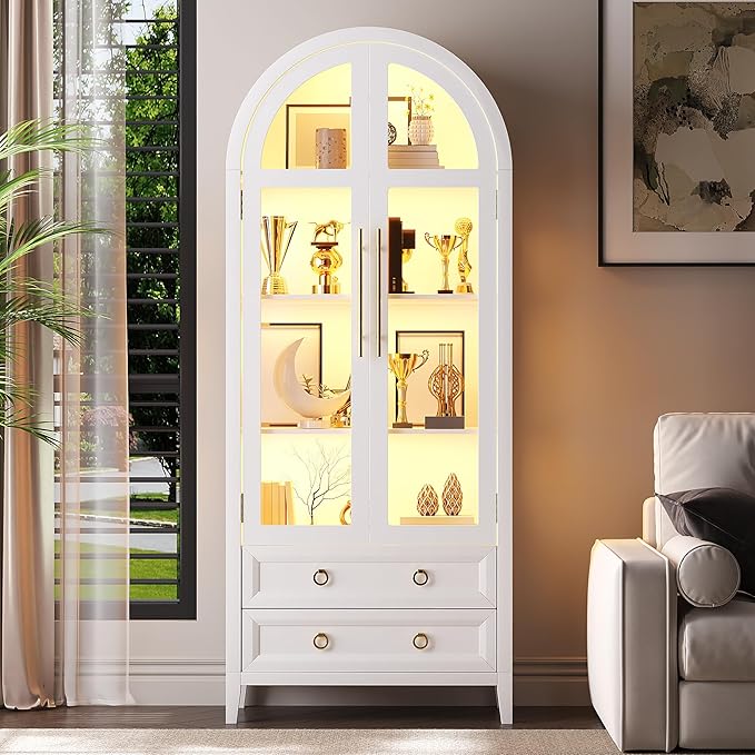 Arched Curio Cabinet with Glass Doors, 4-Tier Display Cabinet with 2 Drawers
