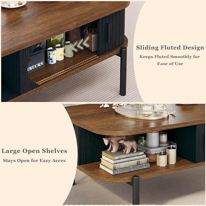 Coffee Table, 39.4" Mid Century Modern Coffee Tables for Living Room, Coffee Table with Storage Open Shelf, Fluted Table with Sliding Cabinet Door, 2-Tier Rustic Wood Desktop, Black & Walnut