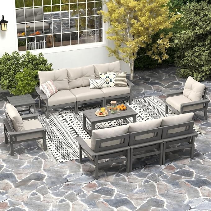 HDPE Outdoor Patio Furniture Set, 6-Piece Patio Conversation Sets with Coffee Table & Side Table & Beige Washable Thick Cushions, Outdoor Sofa for Balcony, Porch (Grey Frame)