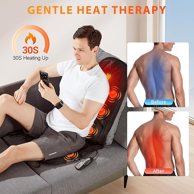 Back Massager with Heat, Seat Massager with 8 Powerful Vibration Motors, Portable Massage Chair Pad for Office Home Use, Gift for Men/Women/Family/Friends