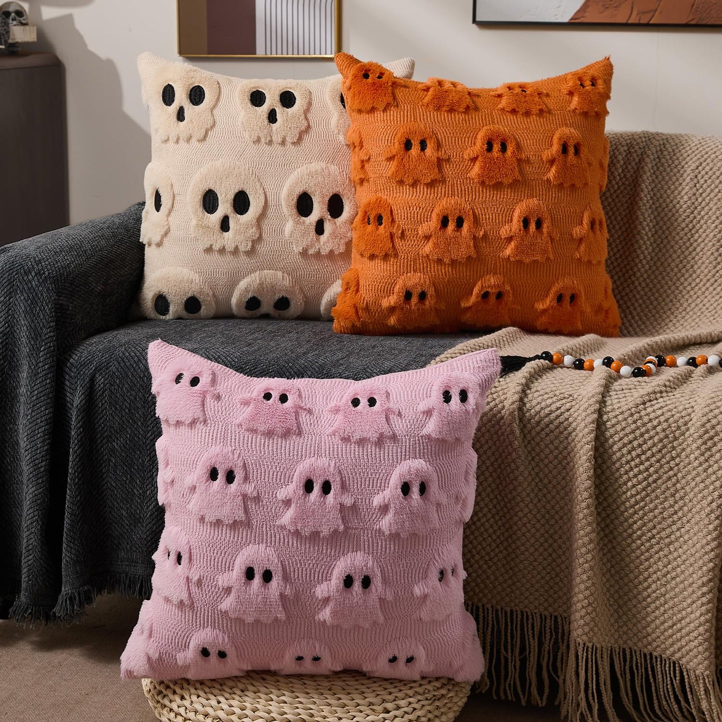 DFXSZ Halloween Pillow Covers 18x18 inch Set of 2 Beige Skeletont Halloween Decorations Soft Plush Faux Fur Wool Couch Cushion Case for Chair Sofa Bedroom Living Room Home Decor PTK04C18