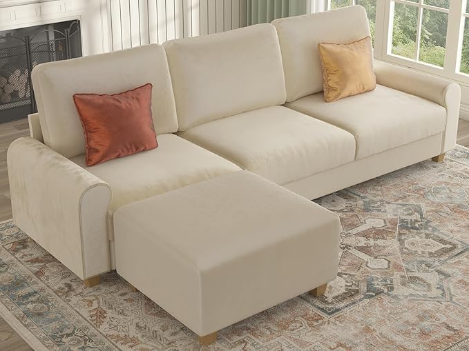 EASE MOOSE Large Seat Velvet L-Shaped Sofa, Soft 4 Seat Couch