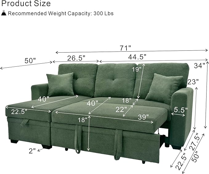 L Shaped Sectional Couch with Storage and Pull Out Bed, 3 Seater Sleeper Sofas