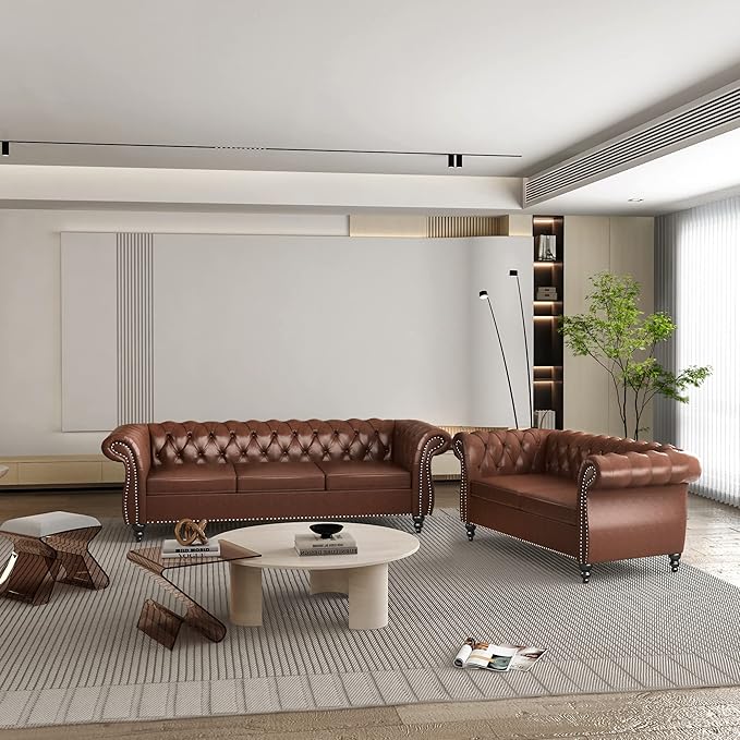 ORRD 2 Piece Living Room Set, Chesterfield Leather Sofa Loveseat Couch