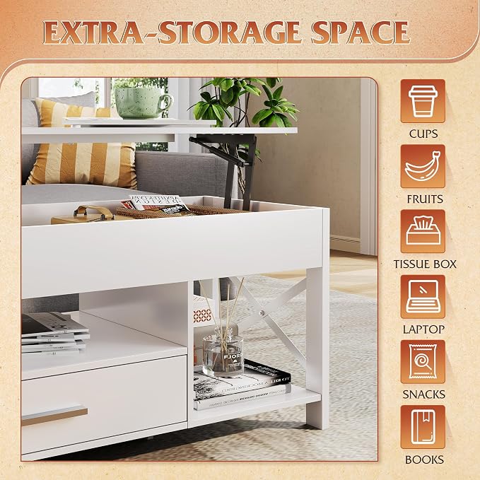 WLIVE Coffee Table, 39" Lift Top Coffee Table with Hidden Compartment, Storage Drawers and Storage Shelf for Living Room, Reception Room, White