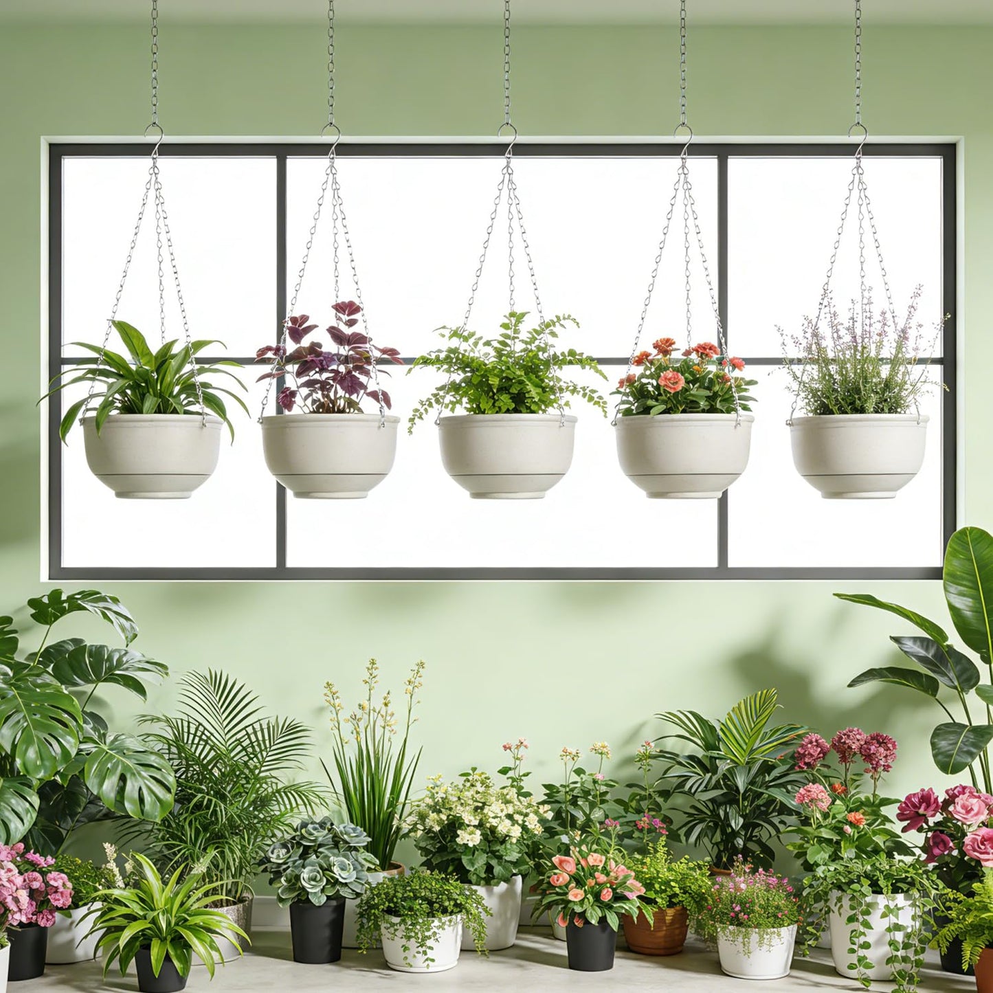 VIDELLY 9 Inch Hanging Planter 2-Pack, Beige Hanging Flower Pots with Chains – Indoor Outdoor Hanging Baskets with Drainage Holes for Balcony, Patio, Garden & Small Space Decor