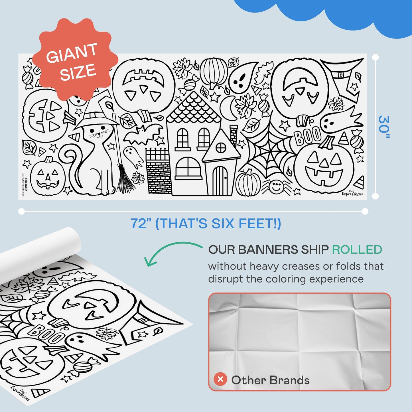 Tiny Expressions Halloween Coloring Tablecloth - Rolled, No Creases 30" x 72" Giant Coloring Poster to Color On - Halloween Activities