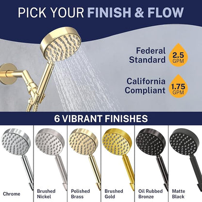 HammerHead Showers® Solid Metal Handheld Shower Head with Hose and Brass Holder - POLISHED BRASS - 2.5 GPM High Pressure Shower Heads with Adjustable Shower Wand Bracket - 6ft Flexible Extension