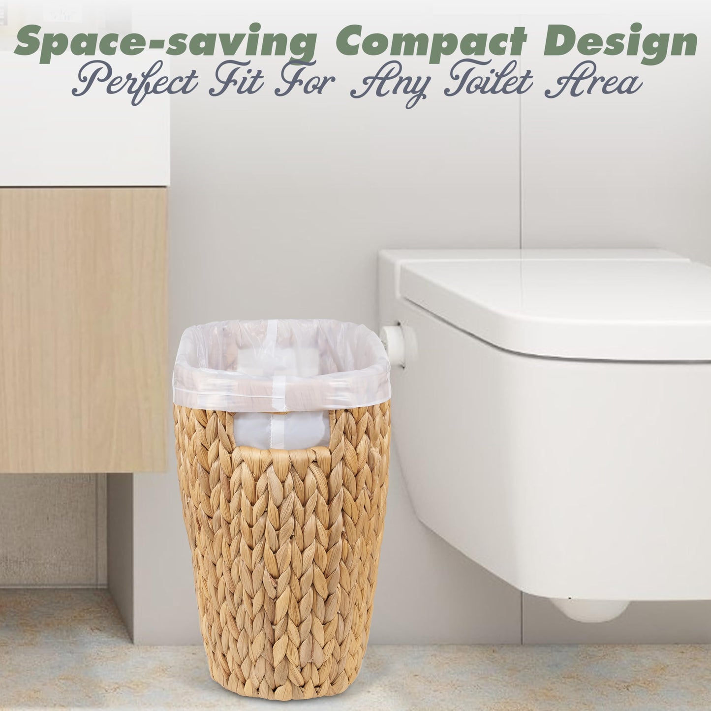 BLUEWEST 3.5 Gallons Wicker Trash Can, Wicker Rattan Bathroom Trash Can with Built-in Handle, Large Handwoven Hyacinth Waste Bin for Office, Bedroom, Living Room, and Kitchen
