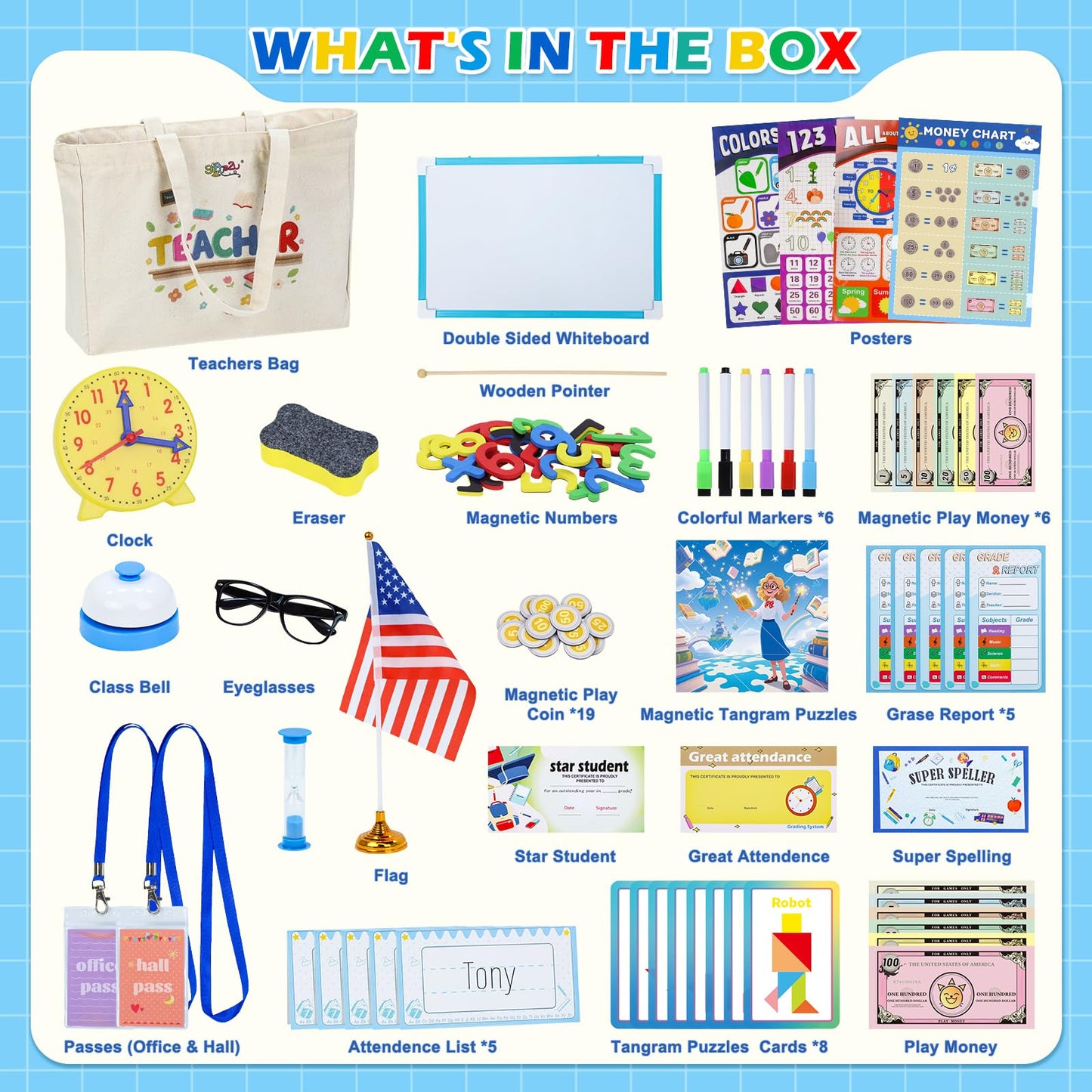 Gifts2U Pretend Teacher Playset for Kids, Play School Toys for Girls Boys with Teacher Bag, Whiteboard, Play Money, Learning Clock, Educational Posters and Play Teaching Supplies