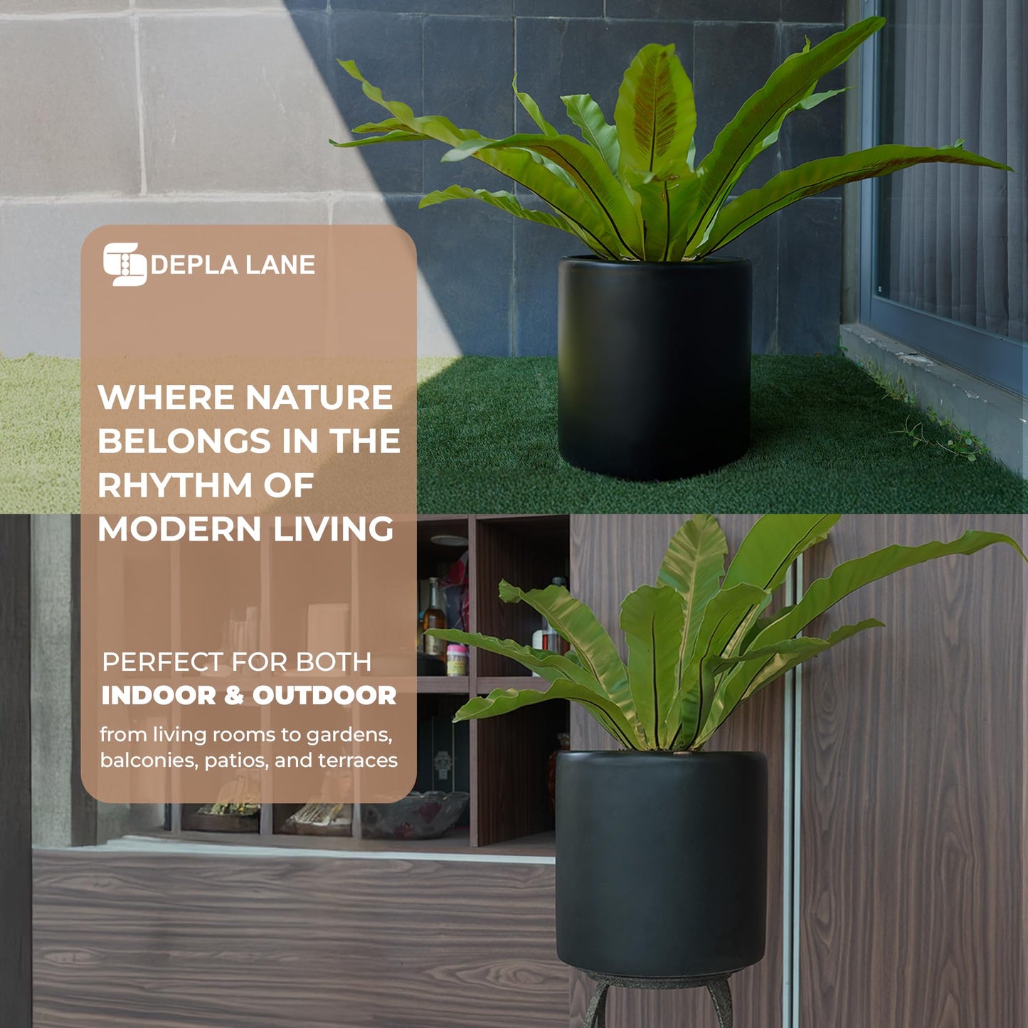 DEPLA LANE Lumero Fiberstone Cylinder Planter (12.0" Pot Opening x 13.8" D x 13.8" H) Smooth Finishes, Lightweight, Durable, UV Resistant, Modern Minimalist Decor, Indoor Outdoor Plant Pot (L, Black)