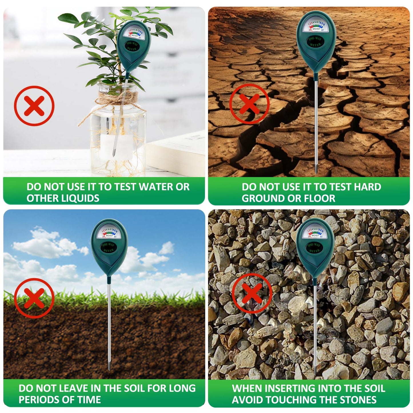 METINFUS Pack of 4 Green Soil Moisture Meter for Plants, Soil Meter, Soil Tester, Hygrometer for Garden, Farm, Lawn, Ideal for Beginners & Indoor Plant Enthusiasts, No Battery Required