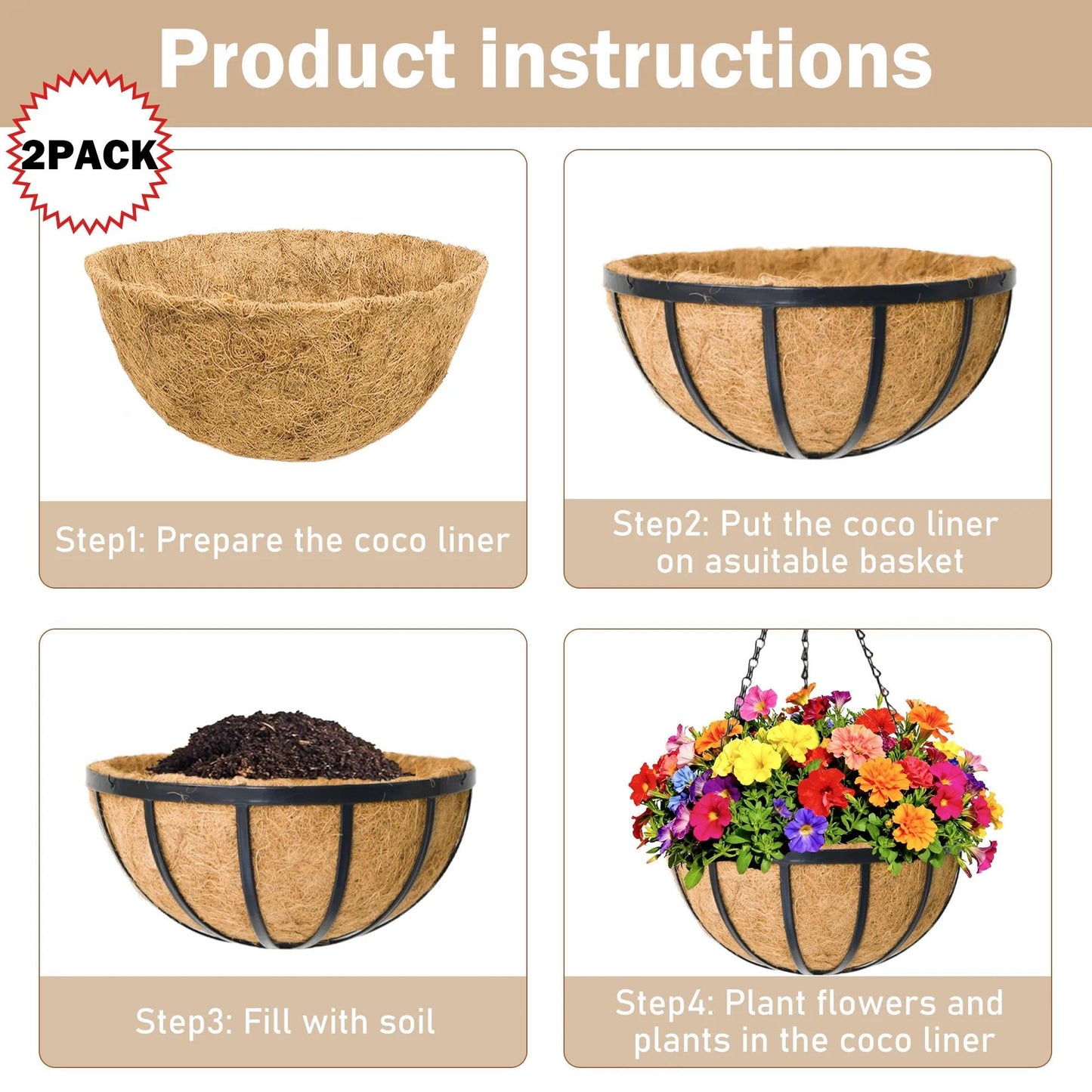 2 Pack 12 inch Metal Hanging Planters Basket Set Round Wire Plant Holder with Coco Fiber Liners Chain Indoor Outdoor Hanging Baskets for Garden Balcony Patio Deck Porch Vegetables Flower Plants