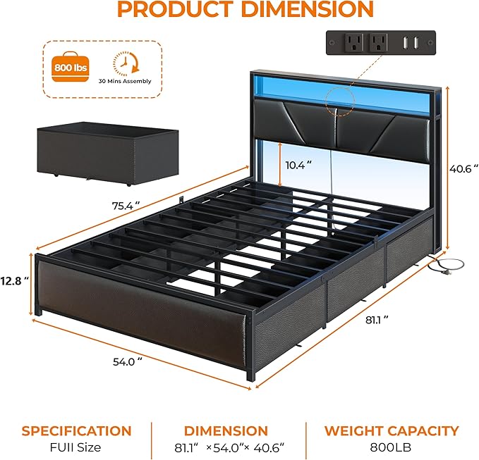 OURPIC Full Size Bed Frame, 2-Tier Storage Headboard & 6 Fabric Drawers