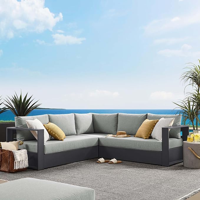 Modway Tahoe Aluminum 3-Piece Outdoor Patio Furniture Gray, Modular Sectional