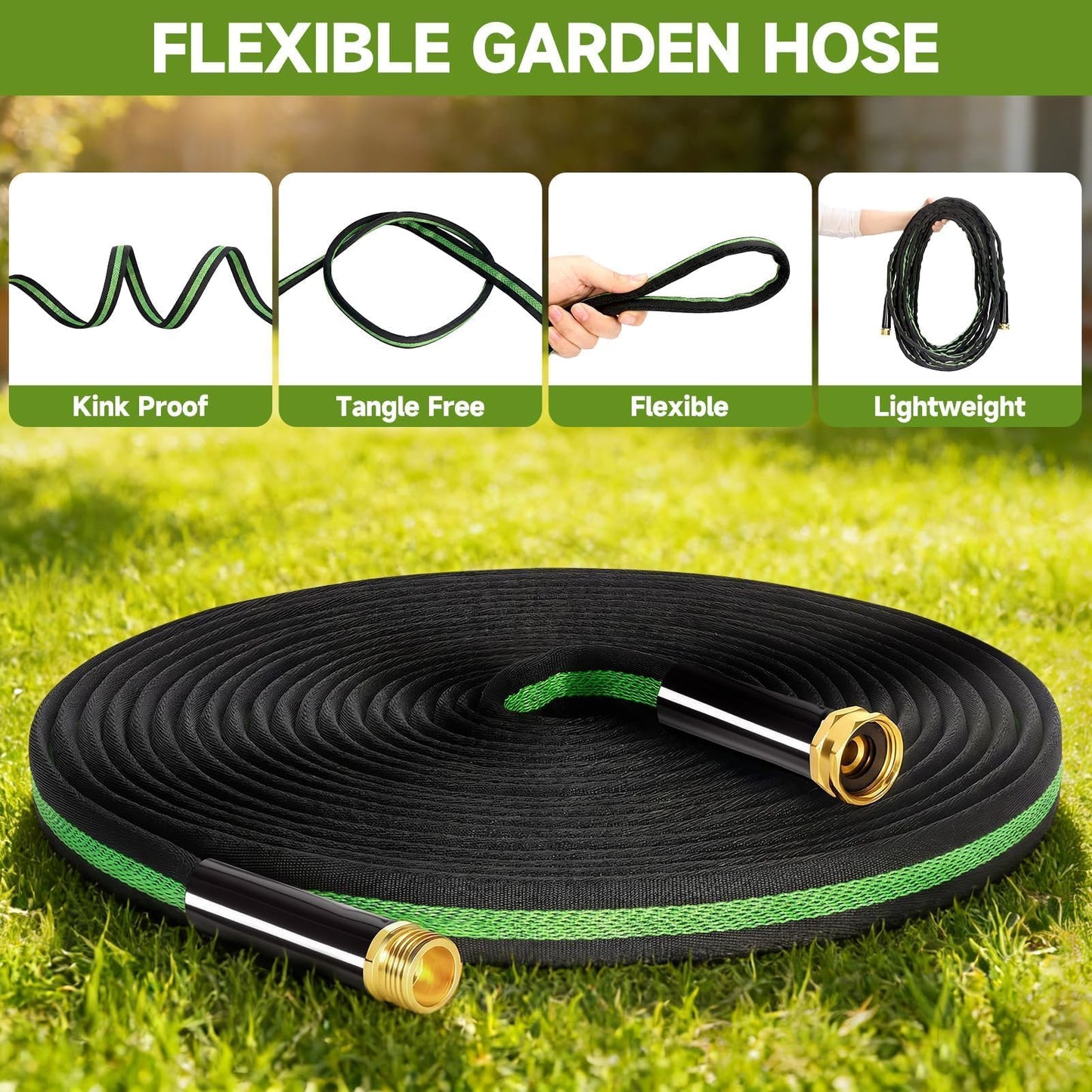 VIONMI Garden Hose 100 ft Flexible Non-Expandable Water Hose Kink-Free Lightweight Leak-Proof High Pressure Durable Outdoor Portable Fabric Hoses Pipe with 3/4” Sturdy Fittings for Yard Lawn Car Wash