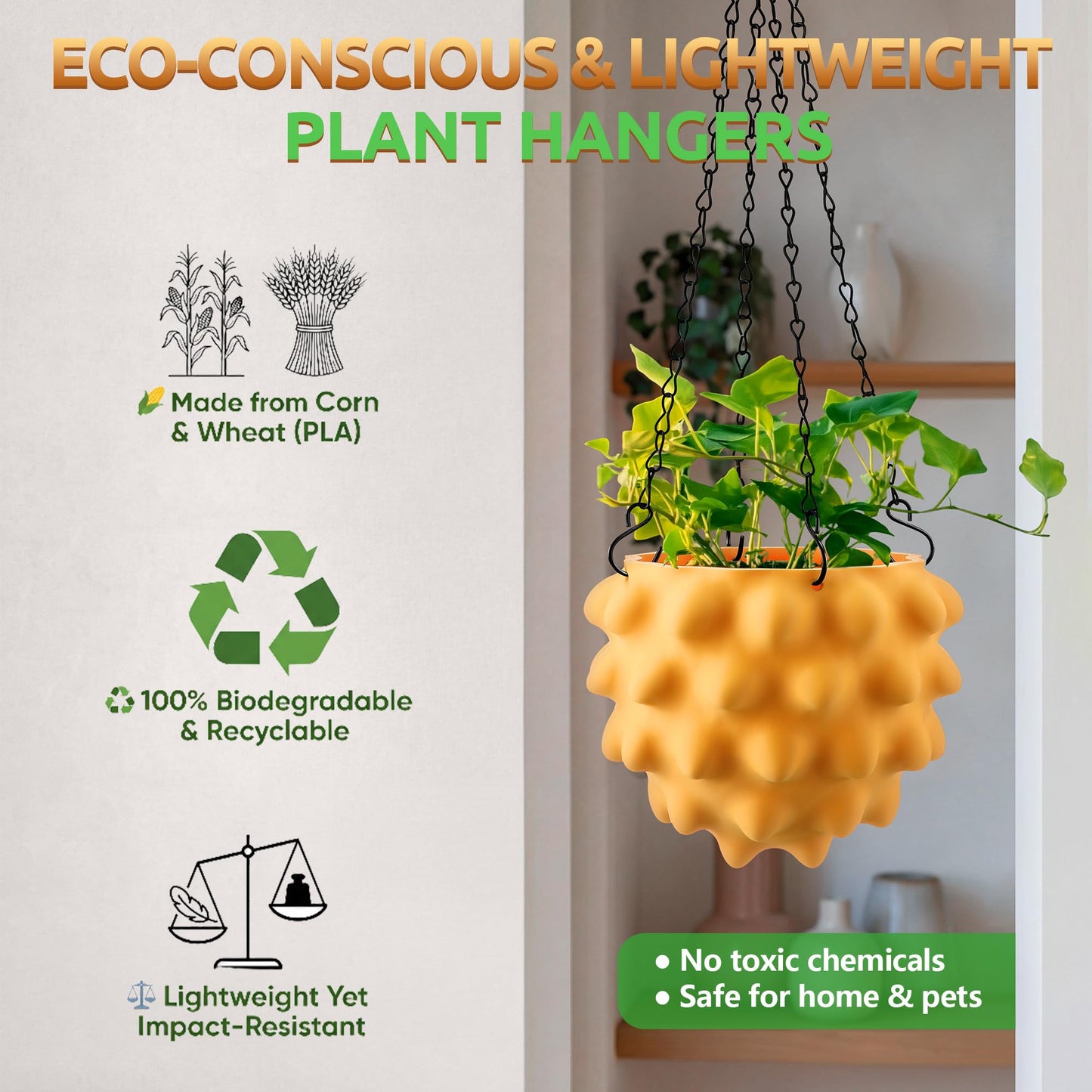 Enhon 6 Inch Hanging Planters for Indoor Plants, Unique Hanging Pots for Plants with Drainage and Hanger Baskets Hangers, Spiked Orb Plant Hanger, Matte Mustard Yellow