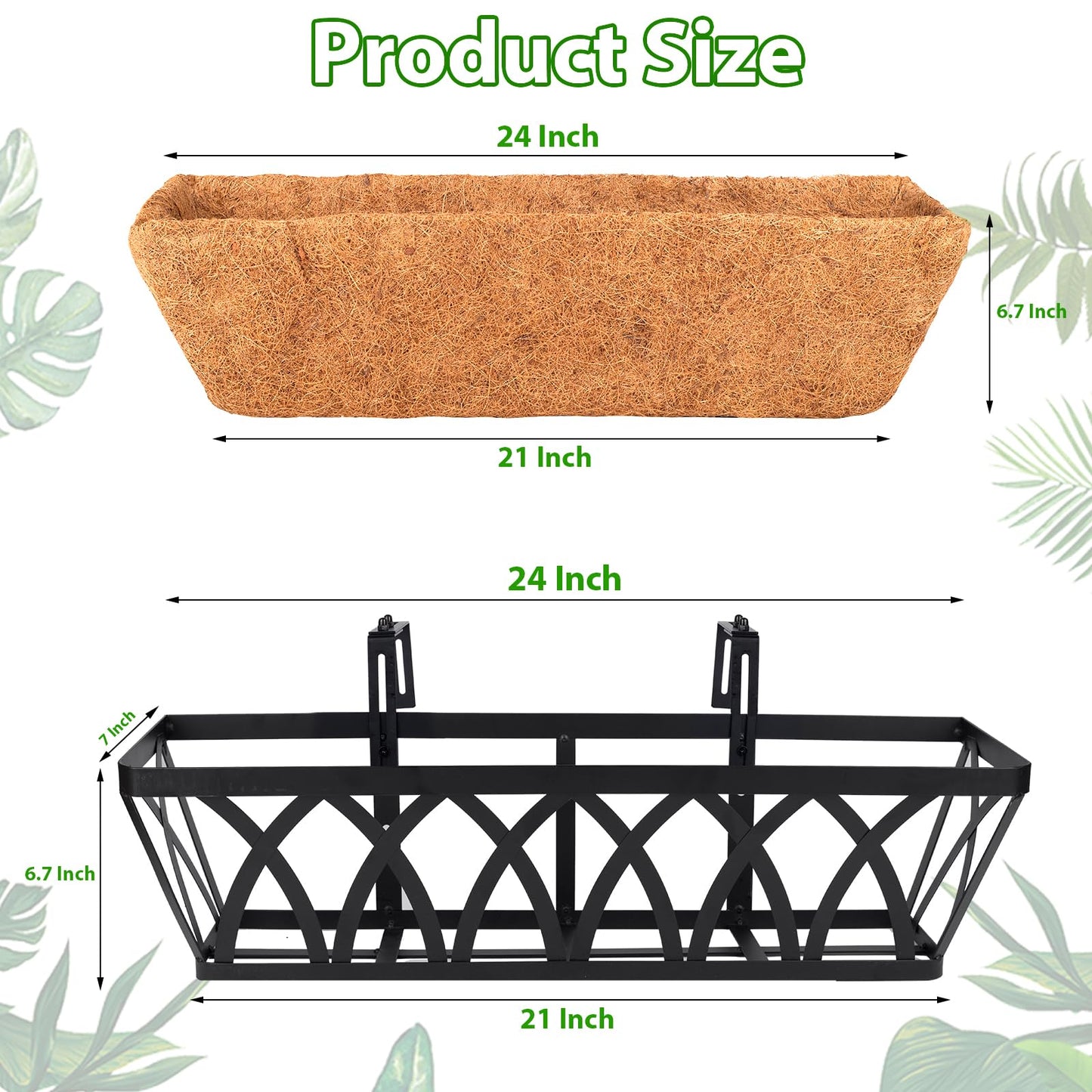 LCHUANG Deck Railing Planter Window Box - 3 Pack 24 Inch Deck Balcony Rail Planter with Coconut Coir Liner, Fence Metal Hanging Flower Planter Basket Deck Railing Planter Boxes for Outdoor Lawn