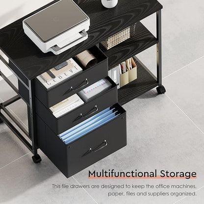 3 Drawer File Cabinet with Wheels Rolling Printer Stand with Open Storage Shelf Fabric Lateral Filing Cabinet for Home Office,Black