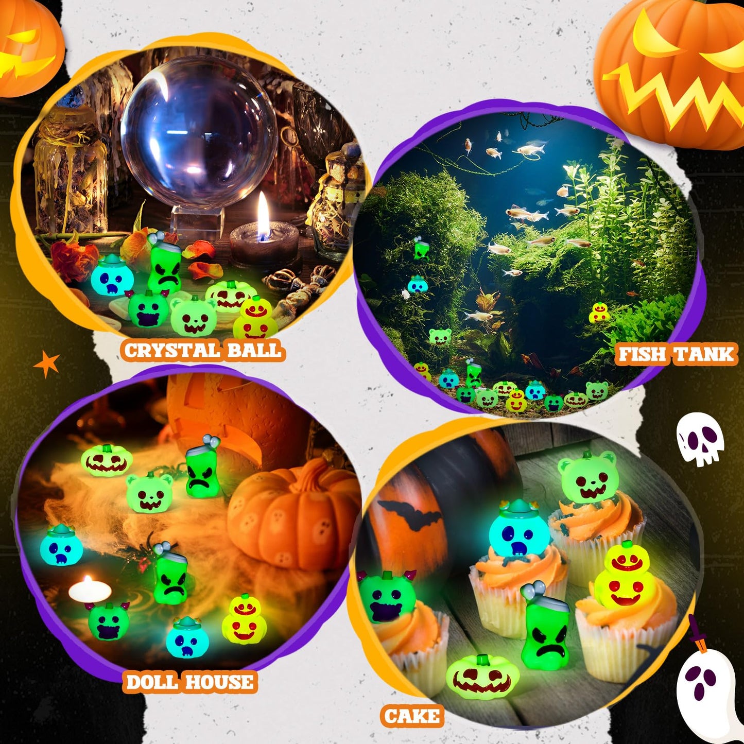 Seenelling 72 Pcs Halloween Mini Pumpkins Ghost Figures Luminous Small Resin Pumpkin Cute Miniature Ghost Ornament Glow in Dark for Halloween Garden Decoration Crafts