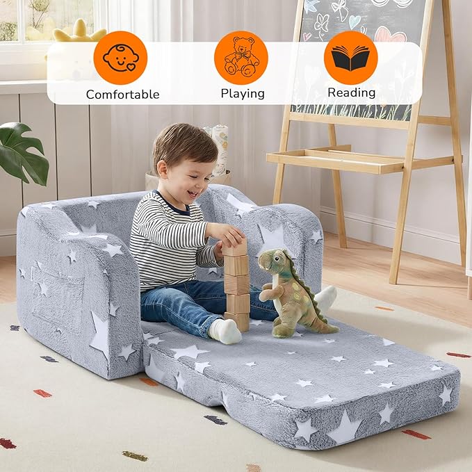 MeMoreCool Glowing Star Kids Chair, 2-in-1 Foldable Kids Couch