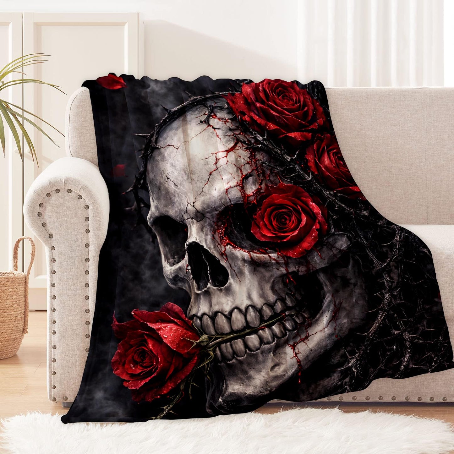 cromcu Gothic Skull Rose Flannel Throw Blanket, 50x60in, Soft Warm Cozy Blankets with Skull and Red Rose, Gothic Gifts for Women Skeleton Lovers, Halloween Home Decor Dorm Office Travel Camping