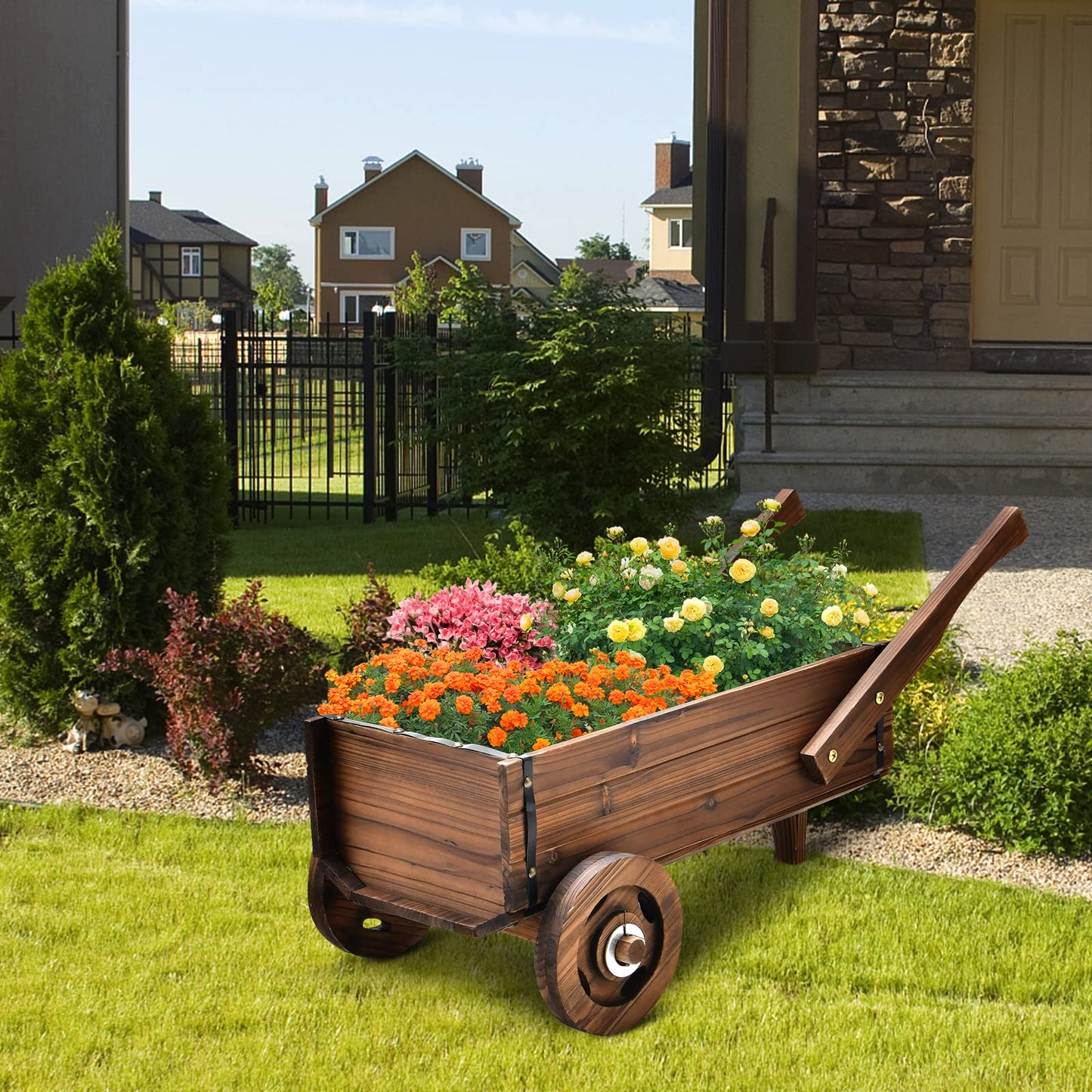 Giantex Wooden Wagon Planter Box, Decorative Wagon Cart with Wheels, Handles, Drainage Hole, Flower Planter Pot Stand, Rustic Flowerpot Planter, Indoor & Outdoor Garden Patio Balcony