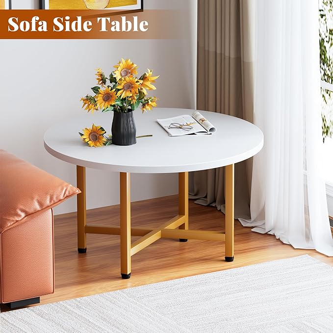 Coffee Table, 23.6" Small Coffee Tables, Gray Round Coffee Tables for Living Room, Floor Table for Sitting on The Floor, Center Coffee Table with Metal Frame for Office Apartment Home, Gold