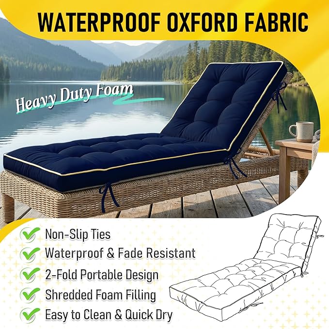 2 Pack 72x21 Inch Folding Chaise Lounge Cushion Quick Dry