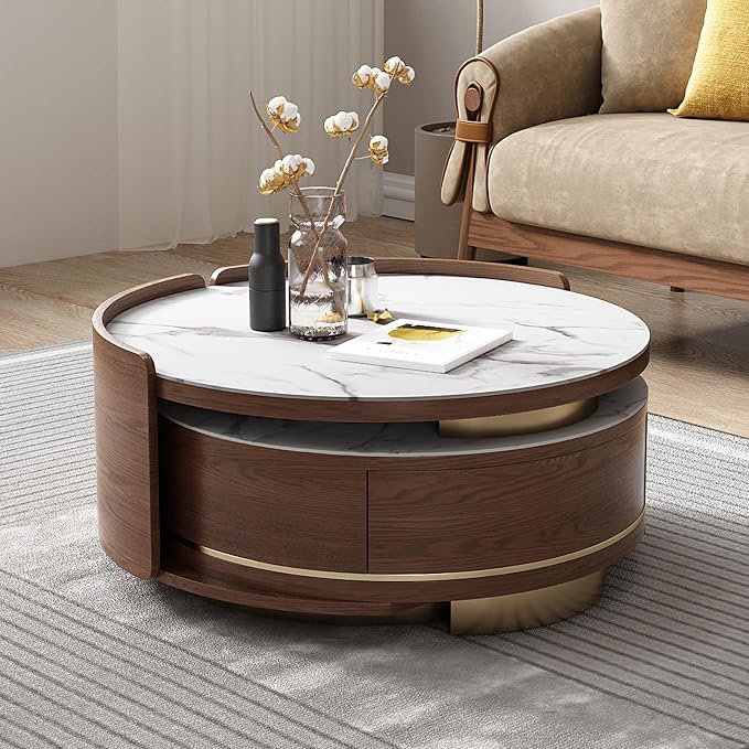 Lartis Nesting Coffee Table with Drawer Round Coffee Table Sintered Stone Coffee Table