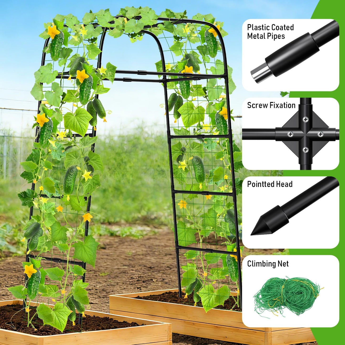 7ft Garden Arch Trellis for Climbing Plants Outdoor-Heavy Duty Metal Cucumber Trellis for Raised Beds- Tall Steel Vegetable Arbor for Climbing Vine Fruit Flower Yard Lawn Arch Tunnel Trellis