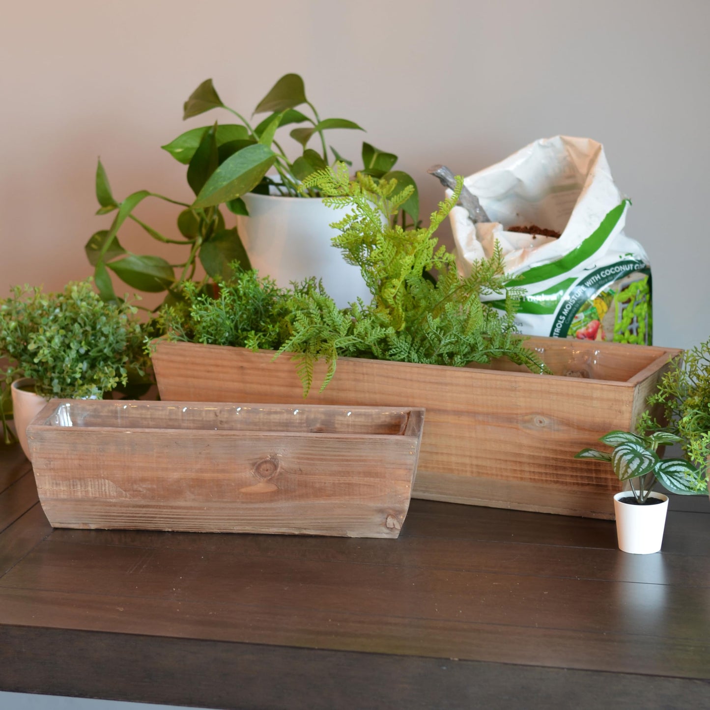 WHW Whole House Worlds Balcony Box Planters, Set of 2, Rectangular, Plastic Lined, Fir Wood, 21.75 and 15.75 Inches, Nesting
