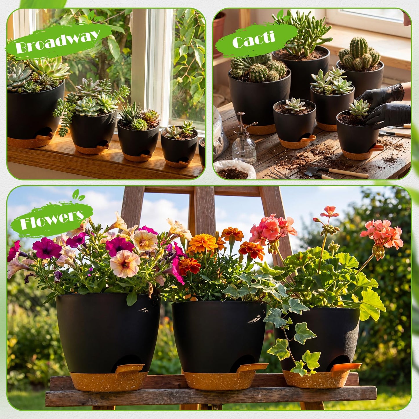 Remerry 15 Pcs 7/6.5/6/ 5.5/5 Inch Self Watering Planters with Drainage Hole Plant Pots Plastic Flower Pots Self Watering Pot and Saucer Reservoir for Garden Plant Flower(Black)