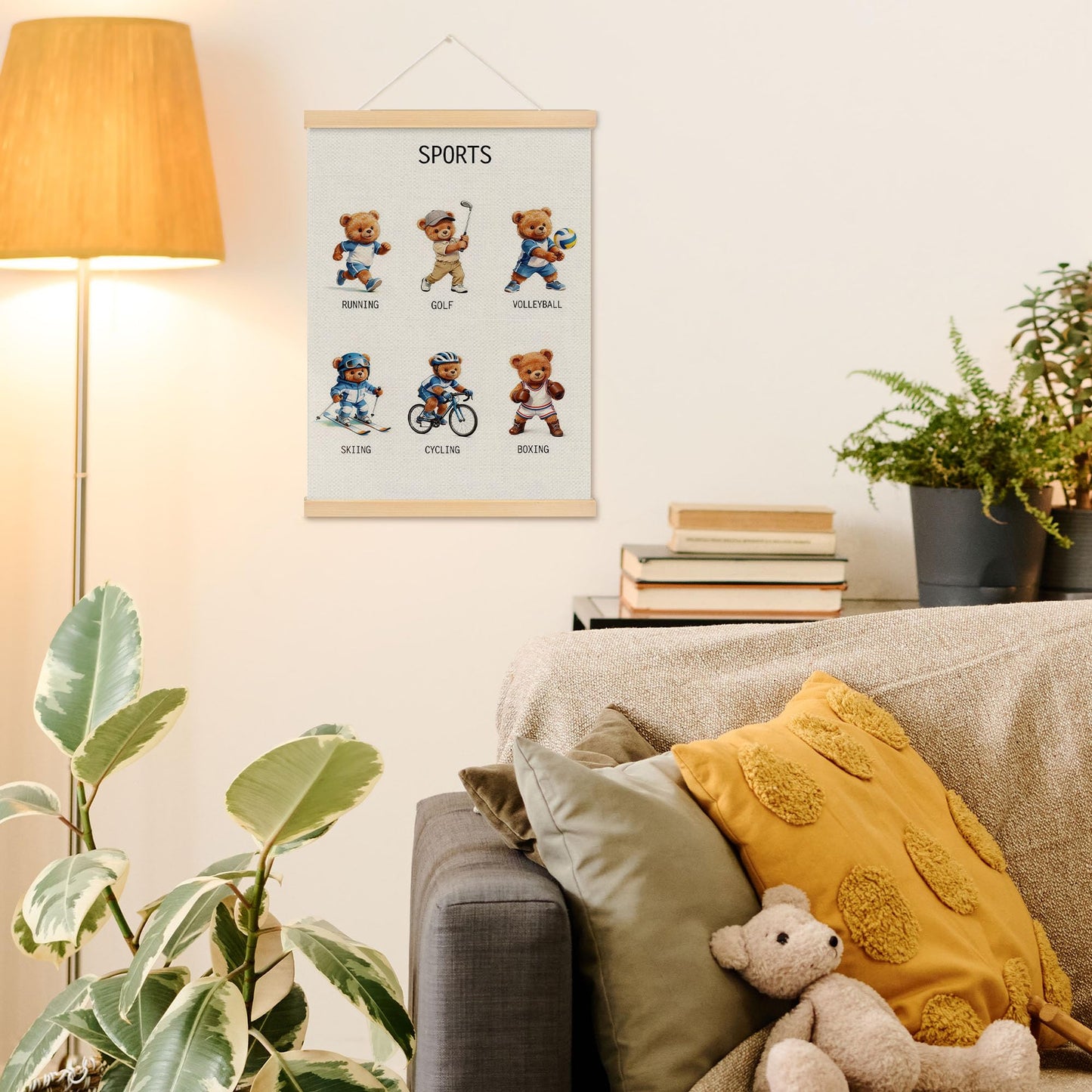 MOTERMATE Bear Sports Nursery Poster Hanger Frame, Sports Wall Hanging Decor Art Framed for Toddlers Kids Boys Room Nursery Bedroom Playroom, Kids Playroom Wall Poster Prints, 12x16 Inch