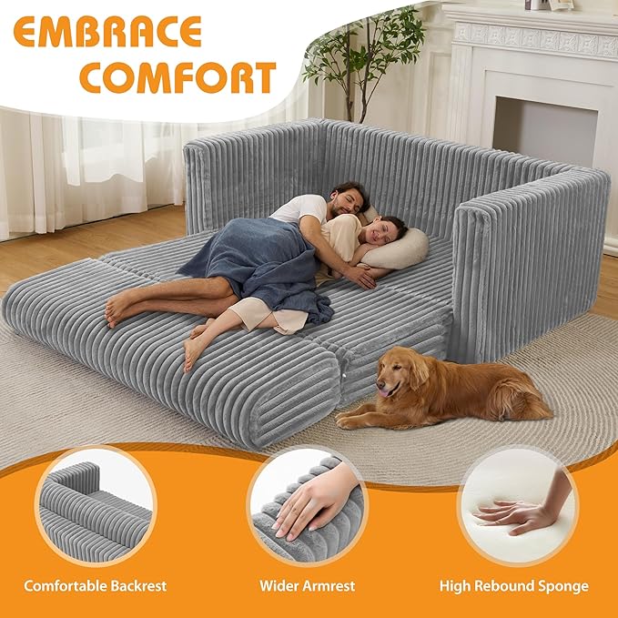 HABUTWAY 49.8" Loveseat Boneless Couch, 4-in-1 Convertible Sofa Bed, Plush Fur