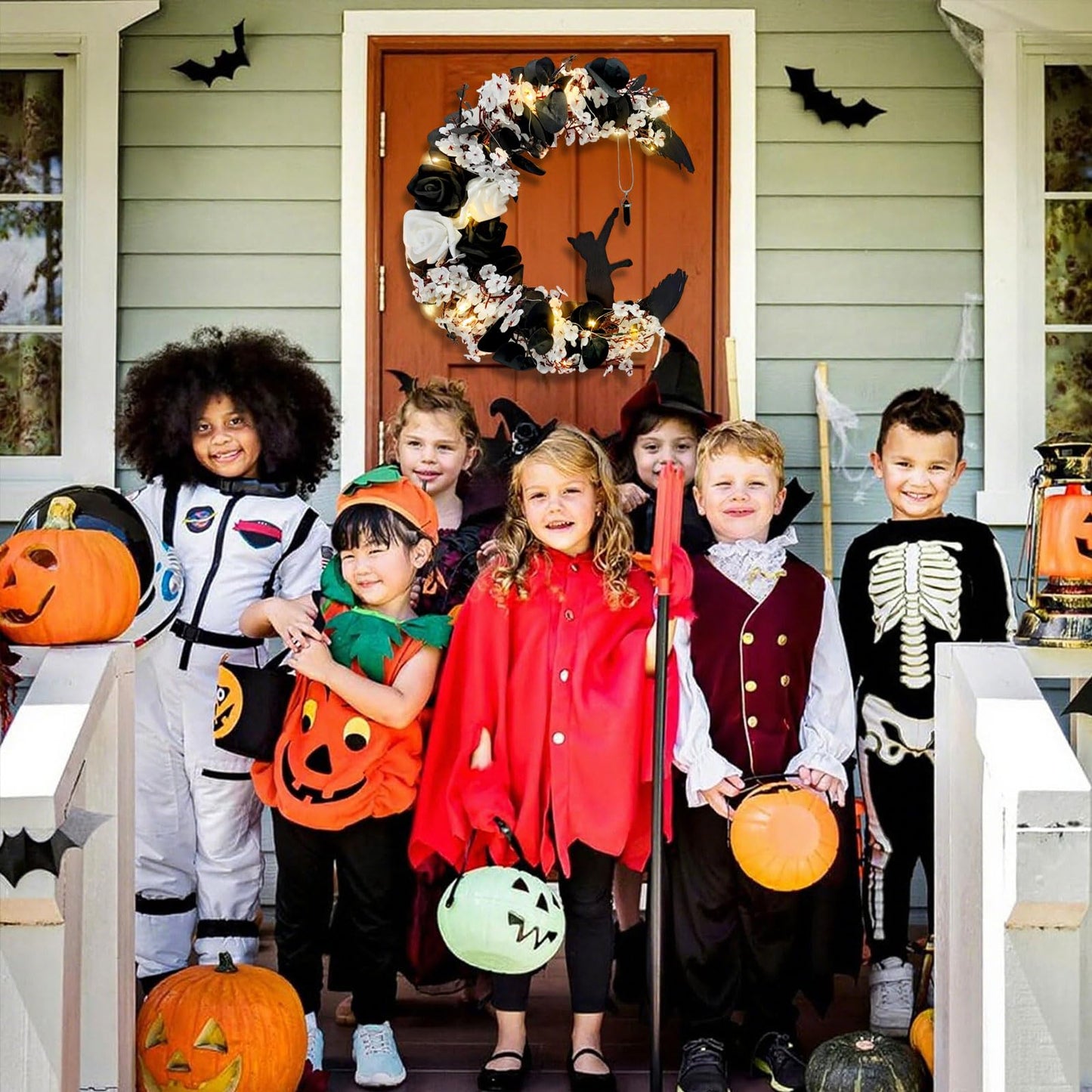 Halloween Wreaths for Front Door, Flower Moon Cat Halloween Home Decoration, Fall Winter Family Gathering Decoration Wreath Outdoor Wall Closet Fence Spooky Wreath(Moon Cat White13.7in×9.8in)