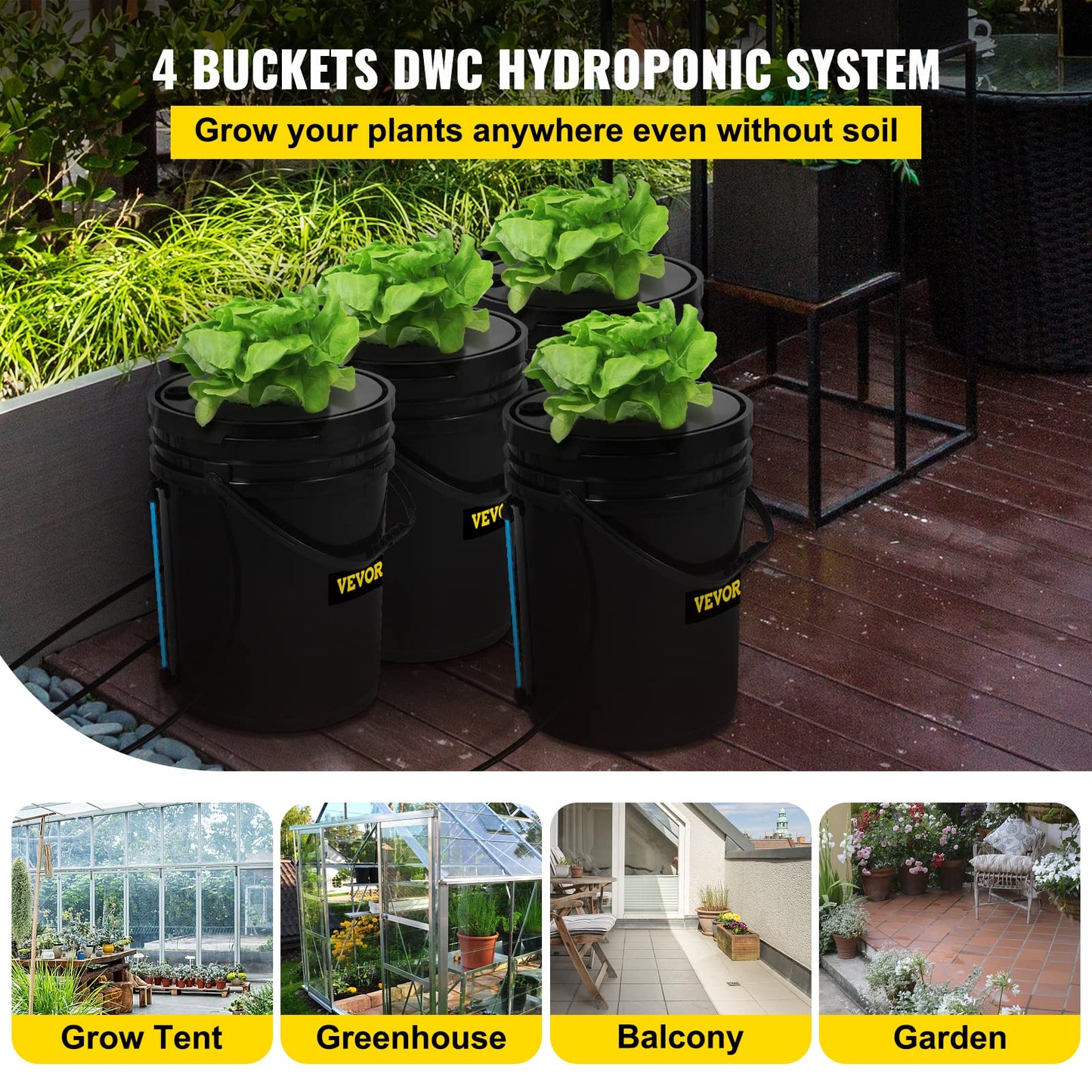 VEVOR DWC Hydroponic System, 5 Gallon 4 Buckets, Deep Water Culture Growing Bucket, Hydroponics Grow Kit with Pump, Air Stone and Water Level Device, for Indoor/Outdoor Leafy Vegetables