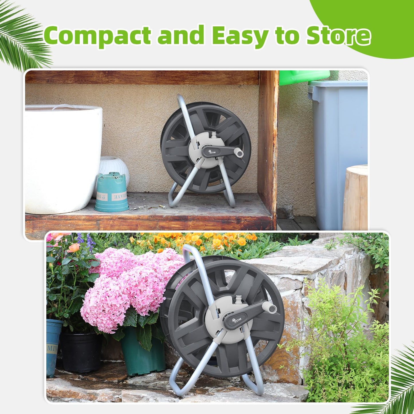 YESTAR Water Hose Reel Cart, Holds 60-80 Ft of 5/8 Inch Hose, Grey Wall Mounted Garden Hose Cart, Portable Hose Reel for Convenient Storage and Watering