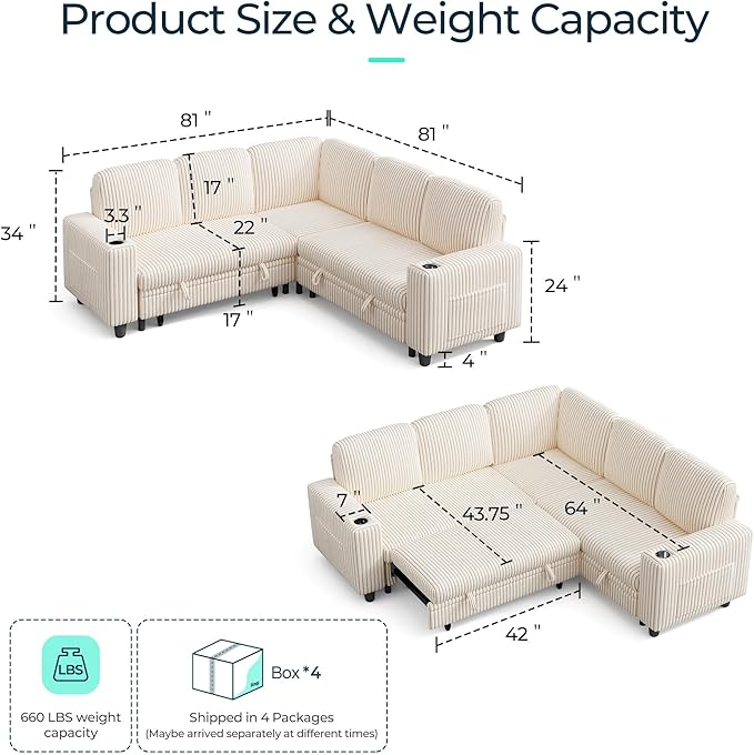 LINSY HOME Sectional Sofa with Pull Out Bed, 5 Seats Corduroy Reversible