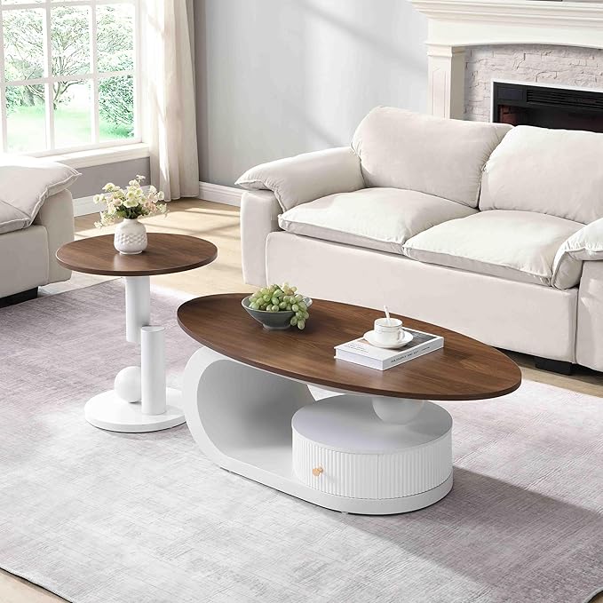 Modern Oval Coffee Table Set of 2, Wood Living Room Accent Coffee Table and